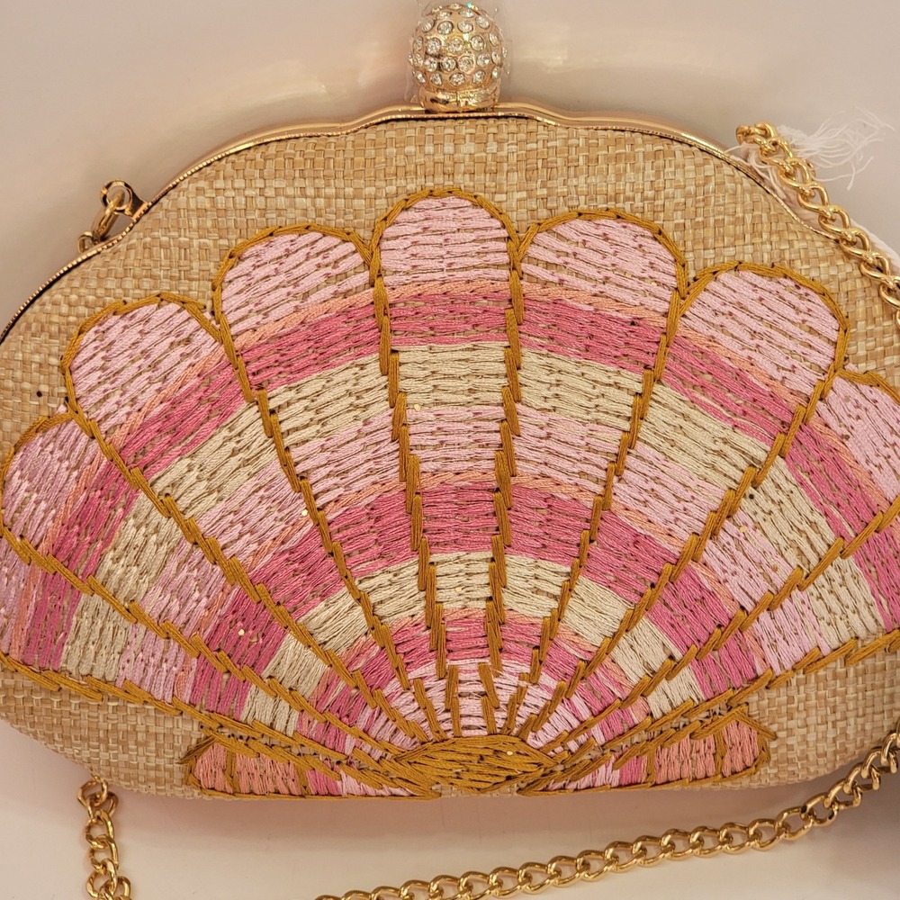Haute Hippie Style Pink Seashell Embroidered Straw Clutch Crossbody Bag New - Picture 2 of 9